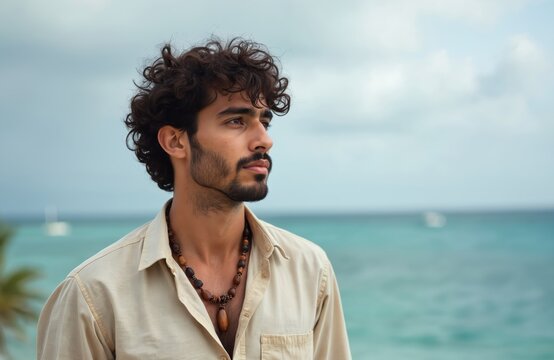 Young man with curly hair and beard stands by ocean. He wears casual beige shirt and wooden bead necklace. Man looks thoughtfully at sea, enjoys summer vacation on beach.