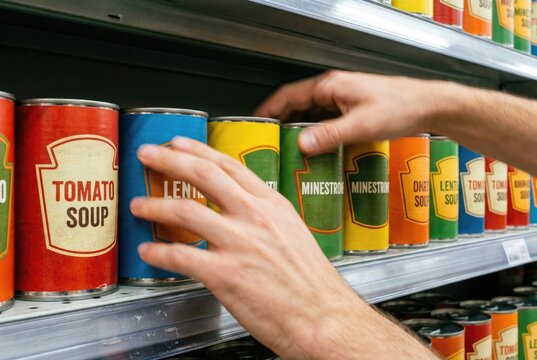 Male hand taking a canned soup from a supermarket shelf