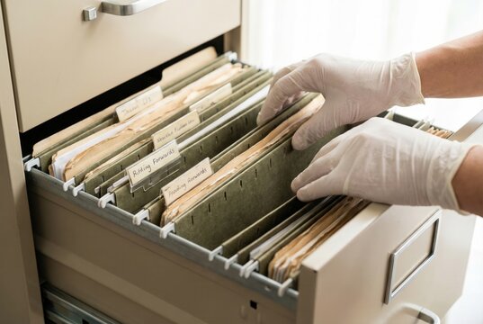 Hands wearing white gloves searching through folders in a metal filing cabinet