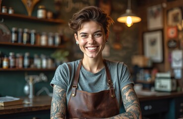 Obraz premium Young woman with tattoos wears leather apron smiling in shop. She works in a tattoo parlor or cafe. Entrepreneur looks happy. She is ready for clients.