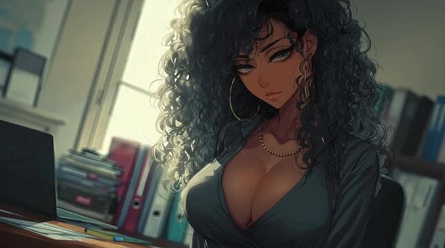 African Anime Businesswoman in Grey Deep V Dress with Green Eyes Gold Necklace at Office Desk Anime Illustration Animation Capturing an Intense and Powerful Corporate Woman Portrait