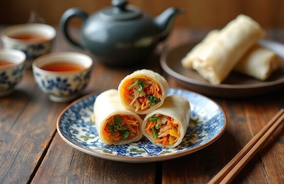 Fresh popiah spring rolls filled with colorful vegetables and herbs. Served on a patterned plate with tea in traditional cups and a teapot. Asian cuisine.