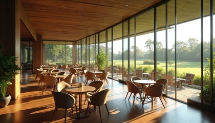 Fototapeta premium Modern interior lounge with panoramic windows overlooks manicured green golf course. Comfortable seating arrangements, wooden tables offer serene dining relaxation space. Sunlight streams across