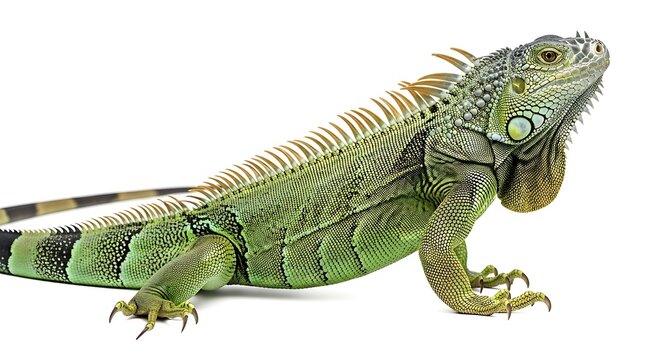 A vibrant green iguana is showcased in a detailed studio shot displaying its textured skin prominent dewlap and sharp claws high-quality professional modern elegant stylish