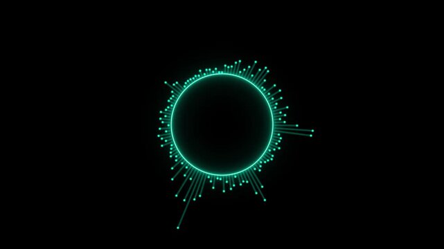Teal radial sound equalizer around a black circle sound wave