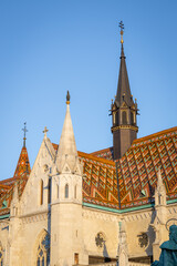 Obraz premium Details of Matthias church roof and black wood tower in Budapest, Hungary