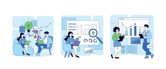 Vector Illustration of Team Analyzing Data and Graphs