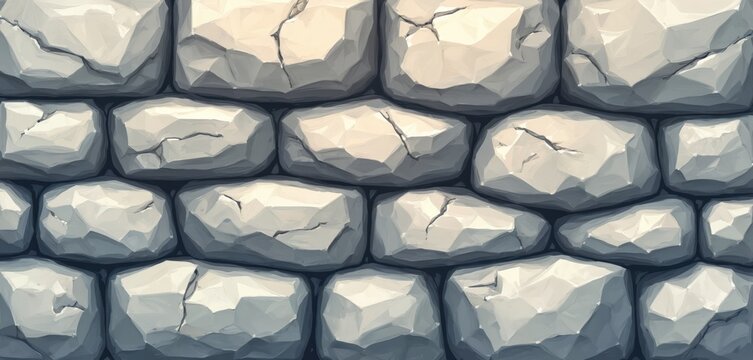 Seamless stone wall pattern illustration with rough, chiseled grey blocks. Provides durable, textured backdrop for fantasy games and architectural designs. Offers endless tiling for backgrounds.