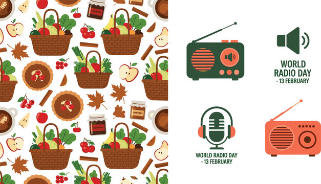 Autumn harvest seamless pattern with wicker food baskets and pies alongside World Radio Day flat icons featuring vintage radio microphone and headphones vector illustration.