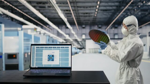 Close up of microchip designing application on laptop used by engineer producing silicon wafer batches. PCB architecture program on notebook in semiconductor manufacturing plant, camera A