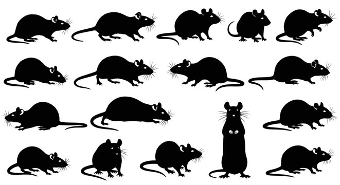 A group of various sized black silhouettes of rats against a white background walking and standing.