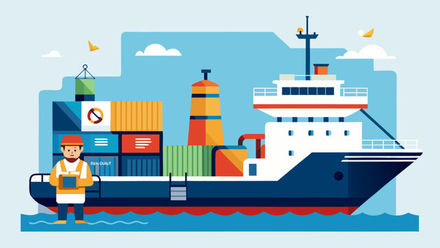 Cargo ship with colorful containers docked at port, male worker in safety gear holding clipboard, blue sky and water in the background, concept of hijacking tankers during sanctions