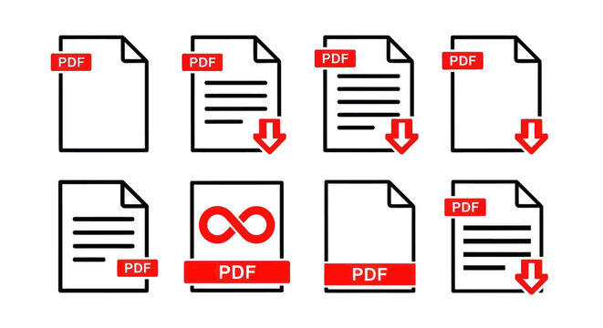 Multiple PDF files icons with download symbols are shown