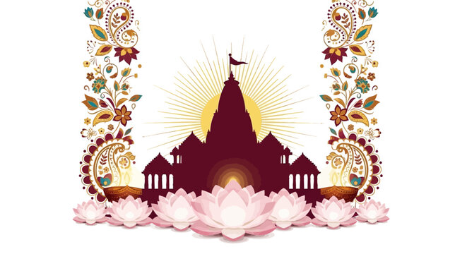 An Indian spiritual celebration poster presents a Jain temple silhouette with floral decoration, set against a clean white background and bathed in bright, optimistic tones for Mahavir