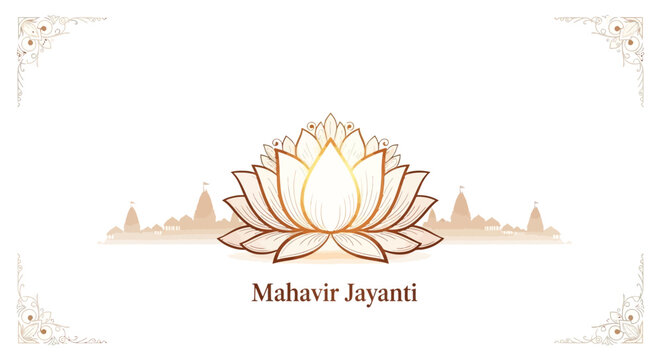 Elegant Mahavir Jayanti vector design featuring a golden lotus flower and temple silhouettes against a clean white background, ideal for social media, with floral decorations