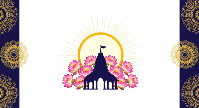 A vibrant Mahavir Jayanti poster design presents a silhouette of a Jain temple surrounded by pink lotus flowers against a white backdrop, with golden mandala decorations