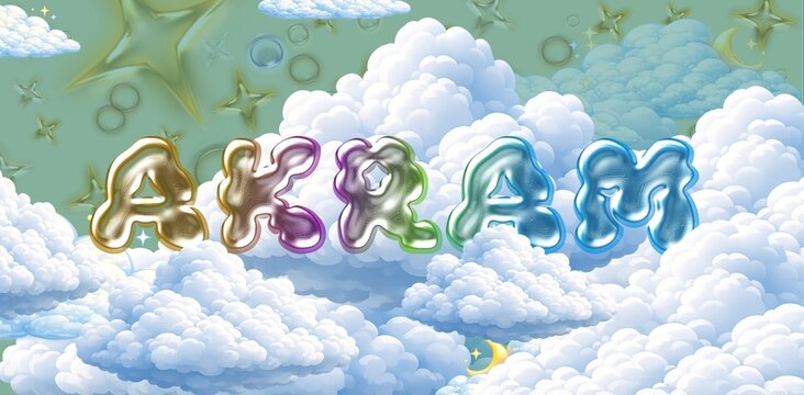 Akram name. Colorful 3D Cloud Fantasy Background with Glossy Balloon Letters. Dreamy Sky, Stars and Soft Clouds Illustration.