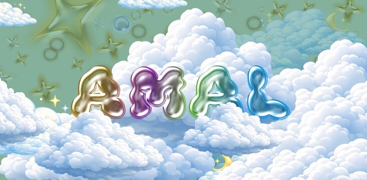 Amal name. Colorful 3D Cloud Fantasy Background with Glossy Balloon Letters. Dreamy Sky, Stars and Soft Clouds Illustration.
