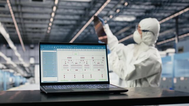 EDA software on laptop used by technician in semiconductor factory to automate systems. Tech specialist uses SoC architecture design program on notebook in microchip industrial plant, camera B closeup