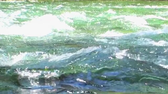 Turquoise and green waters surge and swirl, creating foamy, white-capped waves. The river sparkles under the summer sun's embrace, painting a vivid aquatic tableau near a lush landscape.