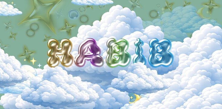 Habib name. Colorful 3D Cloud Fantasy Background with Glossy Balloon Letters. Dreamy Sky, Stars and Soft Clouds Illustration.