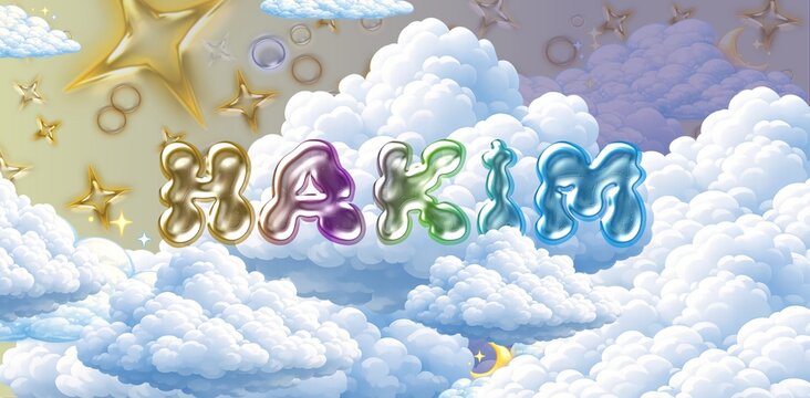 Hakim name. Colorful 3D Cloud Fantasy Background with Glossy Balloon Letters. Dreamy Sky, Stars and Soft Clouds Illustration.