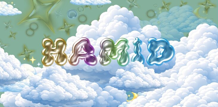 hamid name. Colorful 3D Cloud Fantasy Background with Glossy Balloon Letters. Dreamy Sky, Stars and Soft Clouds Illustration.