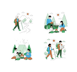 Naklejka premium Outdoor Hiking and Camping Vector Illustration Set