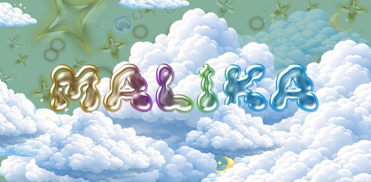 Malika name. Colorful 3D Cloud Fantasy Background with Glossy Balloon Letters. Dreamy Sky, Stars and Soft Clouds Illustration.