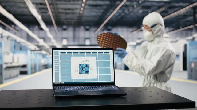 Close up of microchip designing application on laptop used by engineer producing silicon wafer batches. PCB architecture program on notebook in semiconductor manufacturing plant, camera B