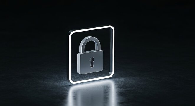 3D Rendering of a Glowing Padlock Surrounded by Geometric Elements for Digital Security Concept