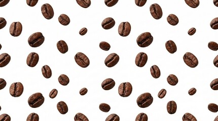 Obraz premium Seamless pattern of scattered roasted coffee beans of varying sizes against a clean white background.
