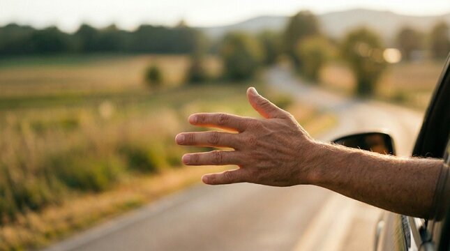 A person's bare hand extends from a car window, feeling the wind on a scenic drive through a sunny rural landscape