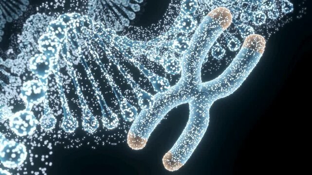 Abstract visualization of DNA strands with medical data elements representing genetic disorders, biotechnology research, and modern healthcare science concepts.