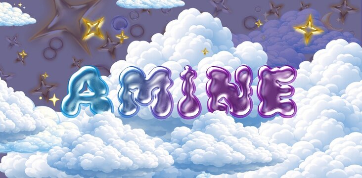 Amine name. Colorful 3D Cloud Fantasy Background with Glossy Balloon Letters. Dreamy Sky, Stars and Soft Clouds Illustration.