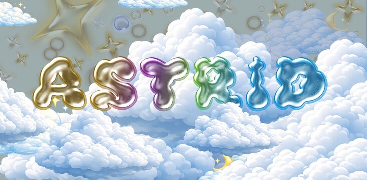 Astrid name. Colorful 3D Cloud Fantasy Background with Glossy Balloon Letters. Dreamy Sky, Stars and Soft Clouds Illustration.