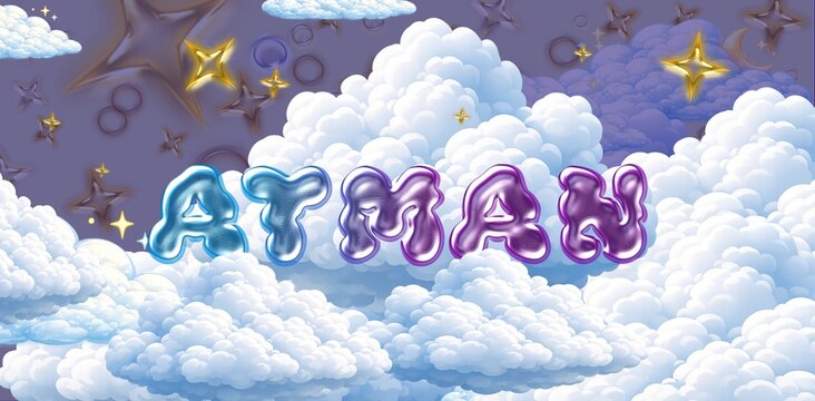 Atman name. Colorful 3D Cloud Fantasy Background with Glossy Balloon Letters. Dreamy Sky, Stars and Soft Clouds Illustration.