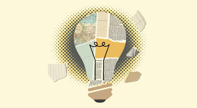 Collage Light Bulb Idea Symbol with Map and Text Fragments, Creative Concept