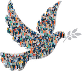 Une colombe formée par une foule de personnes symbolise la paix, l’unité et la force du collectif.