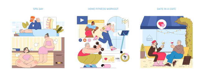 Fototapeta premium Relaxing Spa Day, Home Fitness Exercise, and Cafe Date Vector