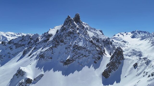 Aerial view of snowcapped French alps by winter shot with drone