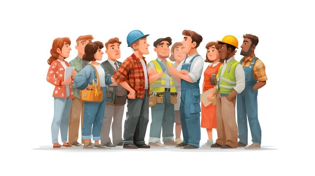 Diverse group of construction workers and professionals standing together in a collaborative and supportive team environment on white background.