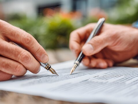Two people review contract details together outside, each holding fountain pens poised over the documents, ready to sign and formalize agreement.