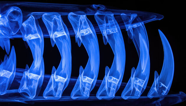 The x-ray image reveals a fascinating close-up of sharp teeth, possibly from a predator, showcasing intricate bone structure