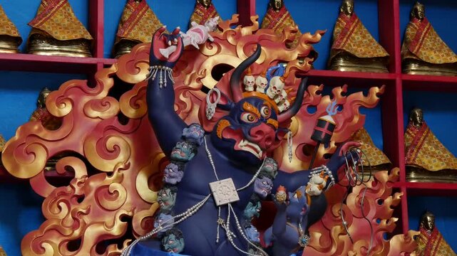 The interior of one of the many Buddhist temples in Mongolia. Bronze figures of deities and saints.