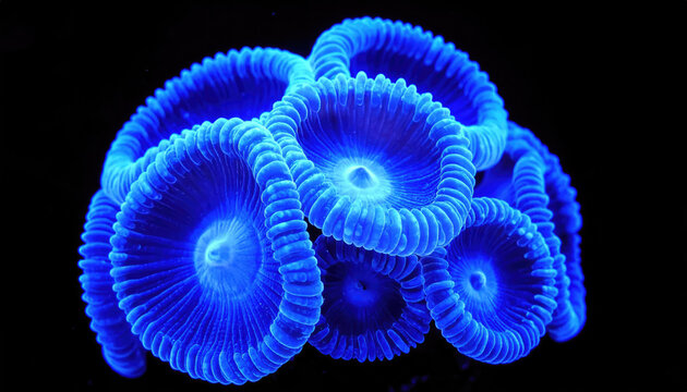 Vibrant blue zoanthid coral macro shot against a dark background, showcasing intricate details. The coral polyps are beautifully highlighted, creating a stunning visual effect