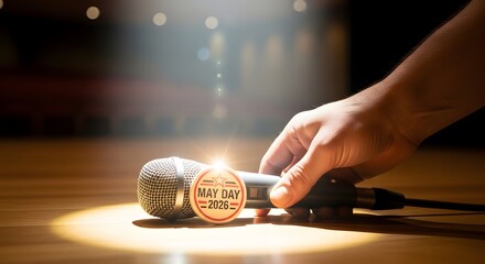 Fototapeta premium May Day Celebration 2026 Microphone on Stage with Spotlight and Hand, symbolizing tradition and community event