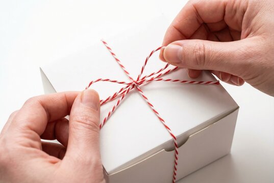 Hands tying a red and white string around a small white gift box