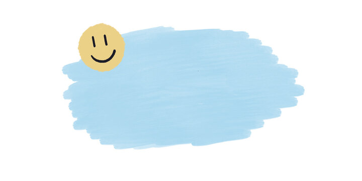 Light blue painted brush stroke text box with a cute yellow smiley face on a transparent background