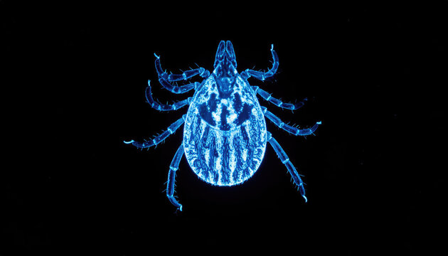 Blue Tick insect with intricate details on a dark background. This image showcases the fascinating anatomy of the tiny creature, ideal for scientific and educational uses.